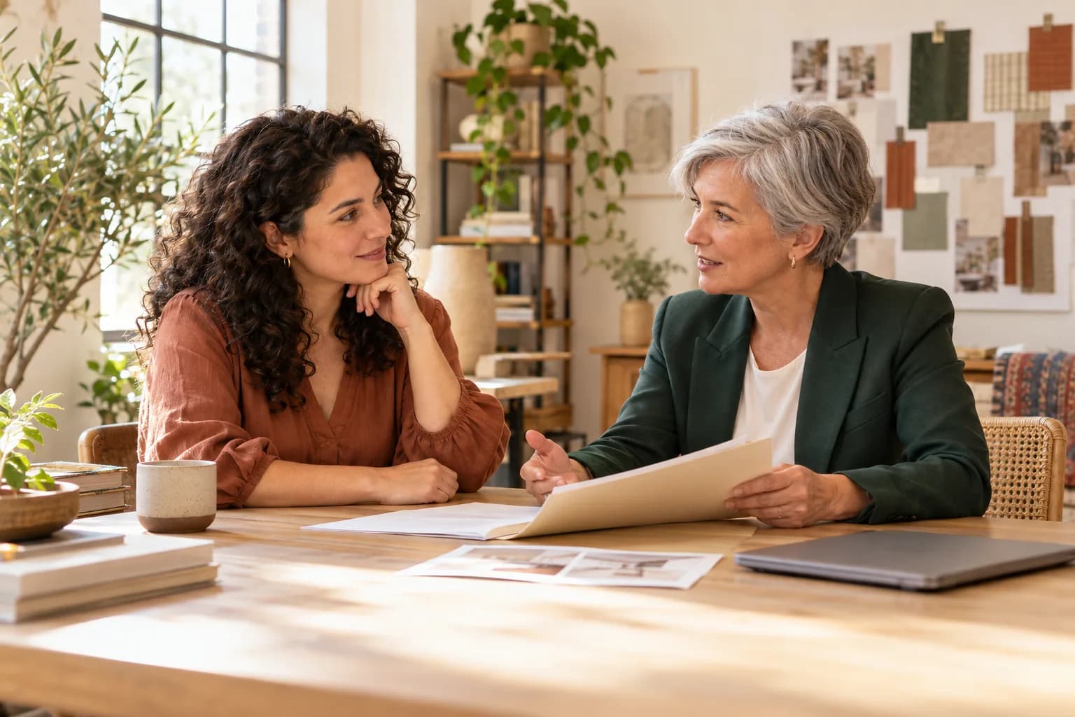 Two women working through business plans and documents in a bright studio.