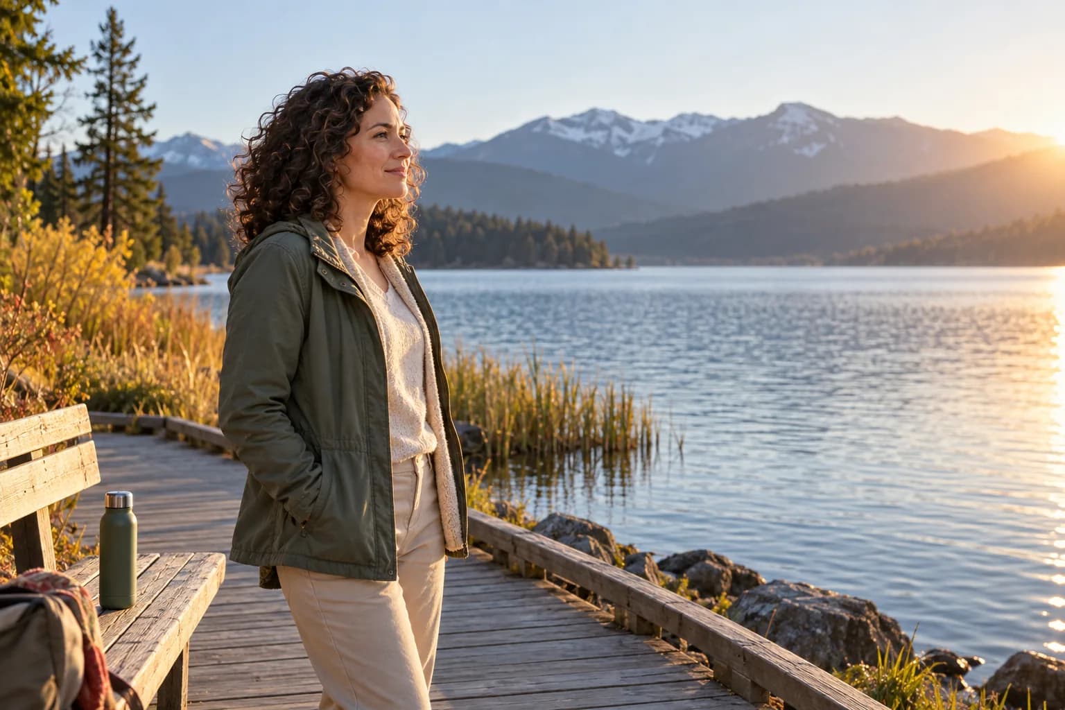 A woman taking a quiet moment beside the water on a morning walk.