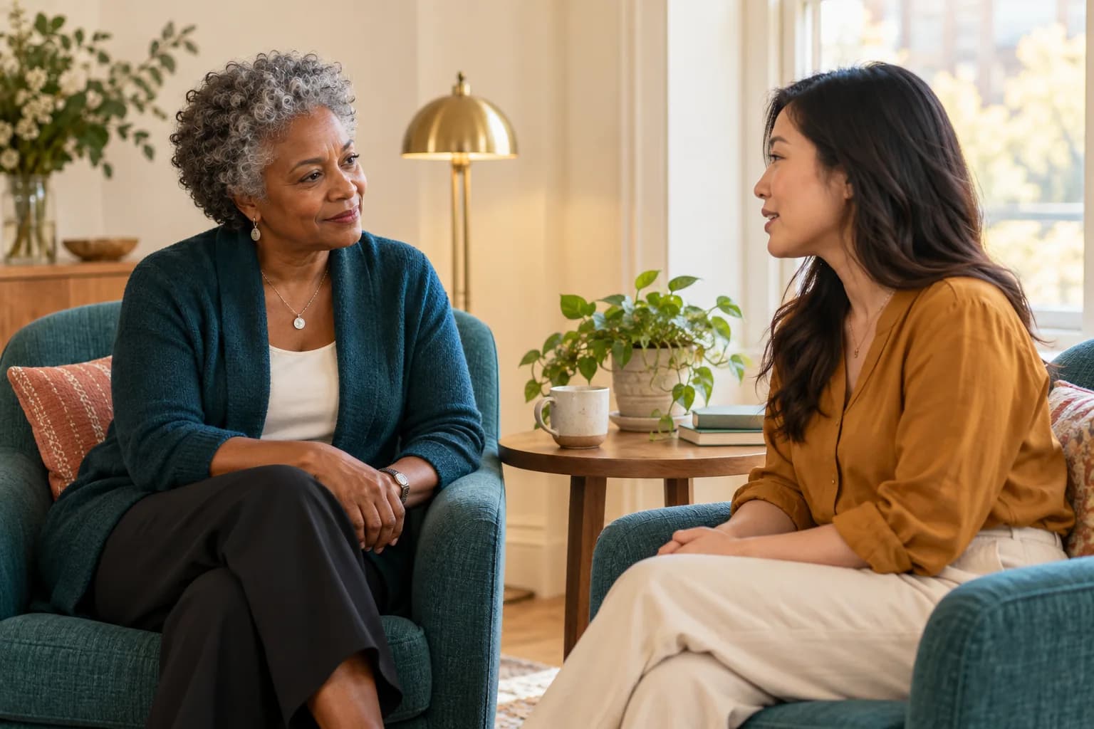 An experienced mentor listening to a younger woman in a comfortable conversation space.