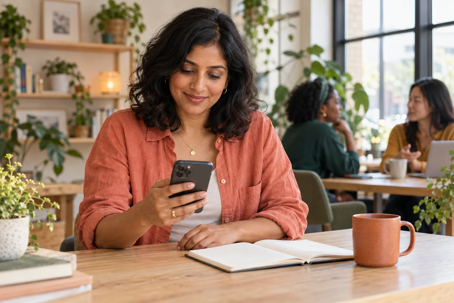 A woman finding her next step on her phone in a welcoming community workspace.