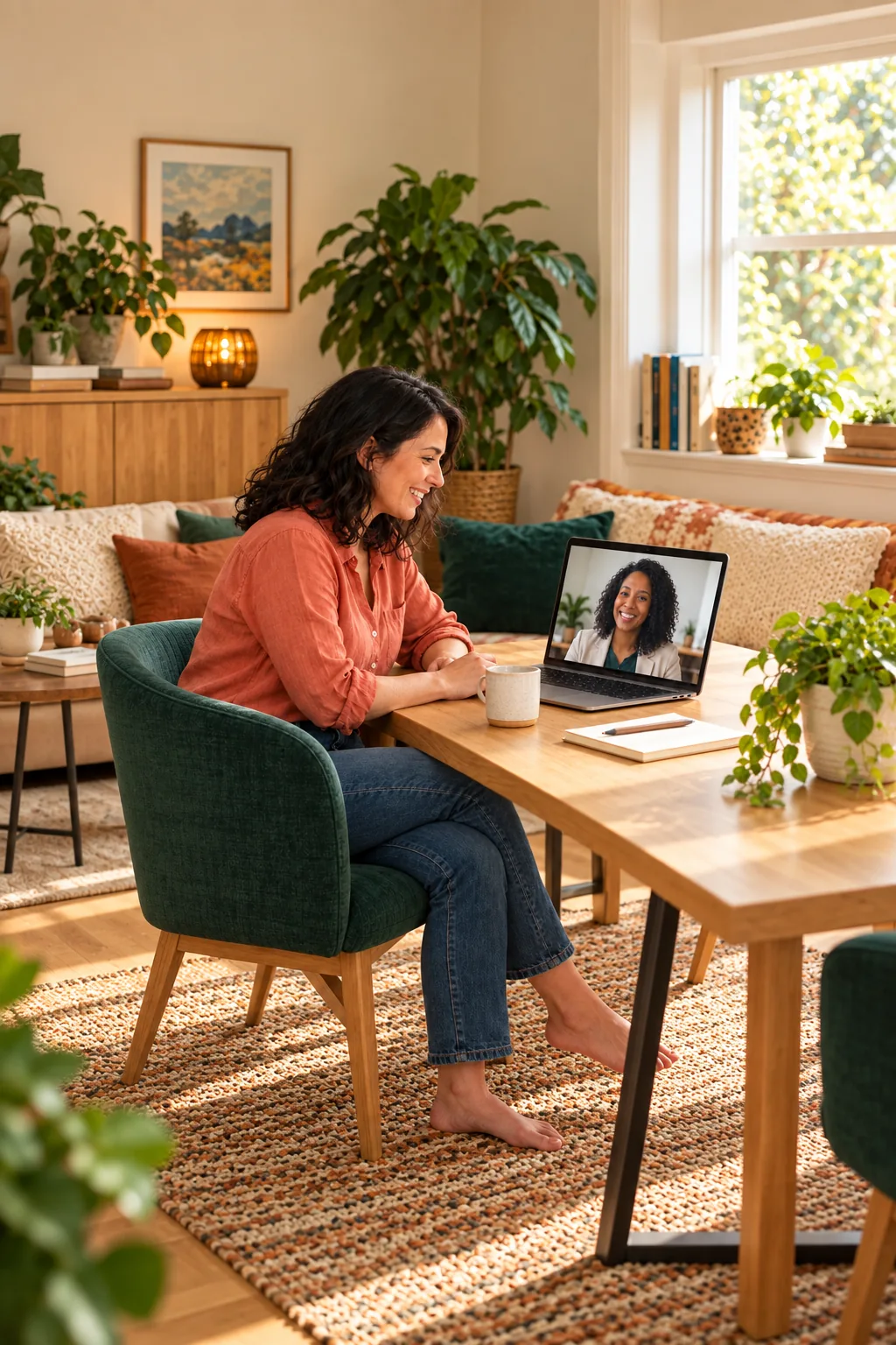 A woman having a relaxed introductory video conversation with a professional.