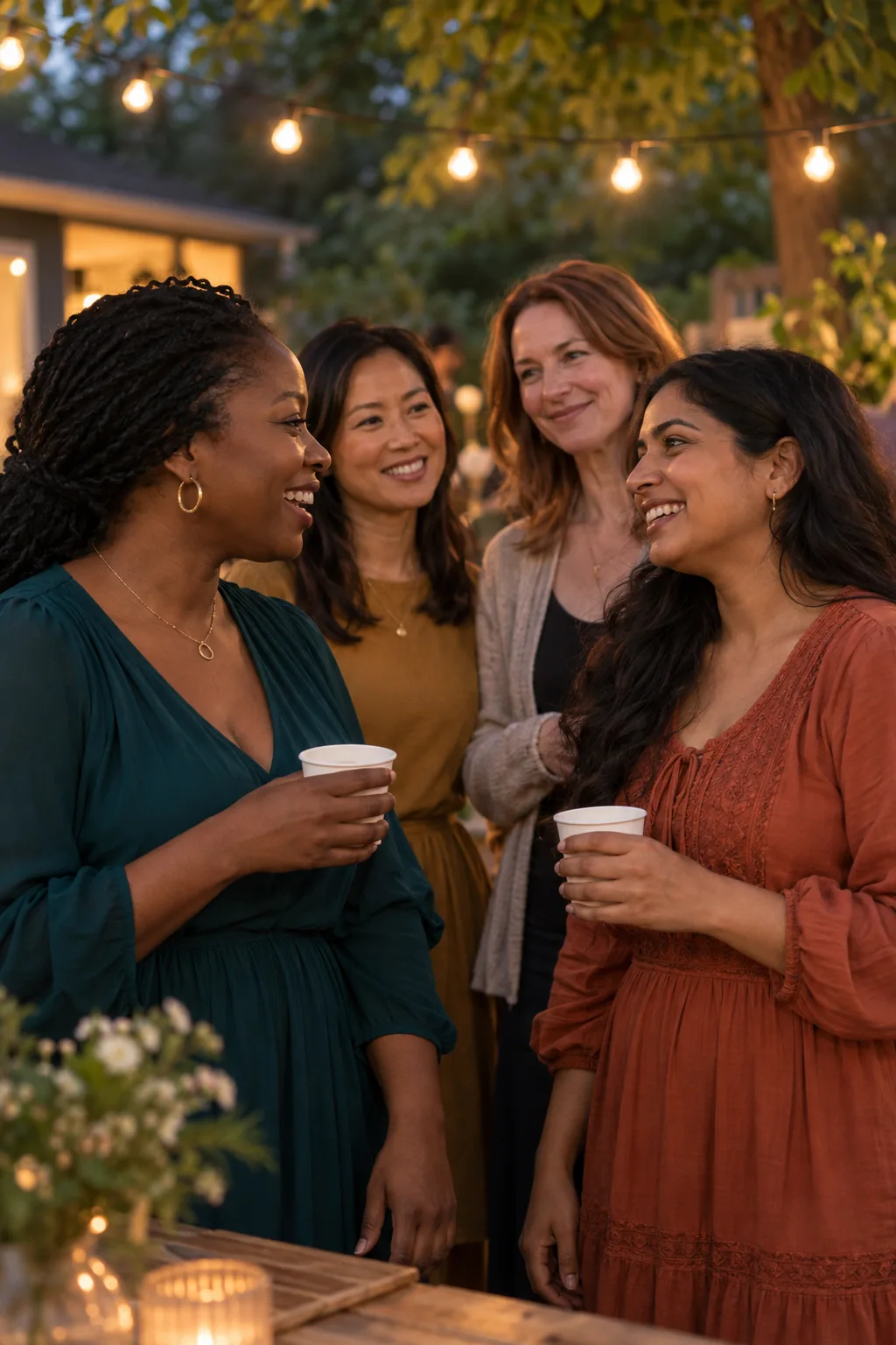 Women enjoying a conversation at a local outdoor gathering.