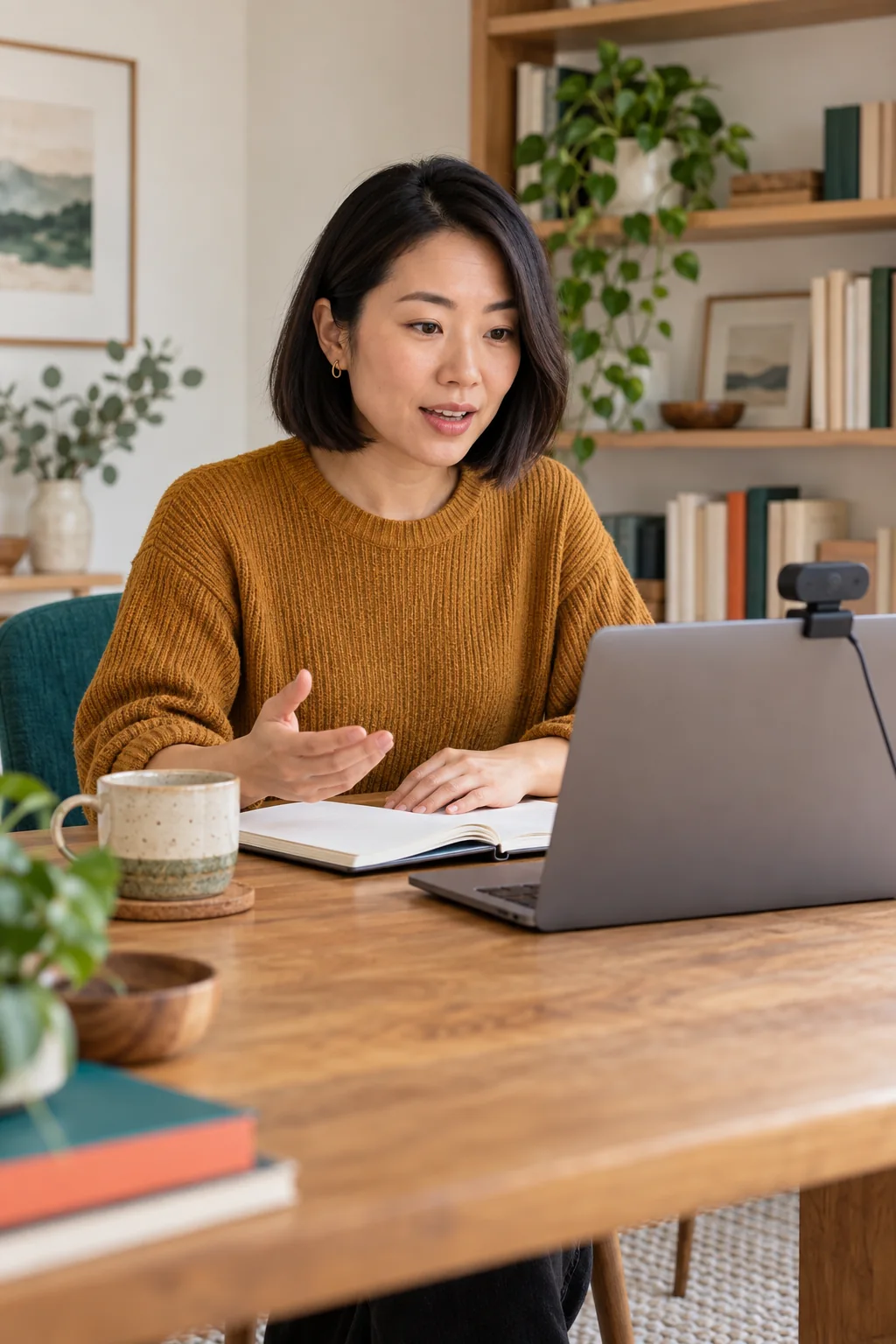 A woman teaching an online class from a bright home workspace.