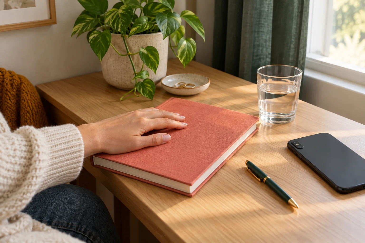 A closed personal journal and a face-down phone in a calm private space.