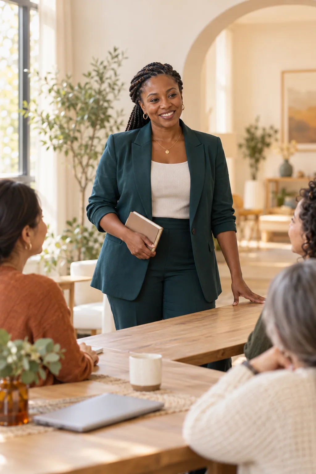 A woman professional leading a practical workshop in a welcoming studio.
