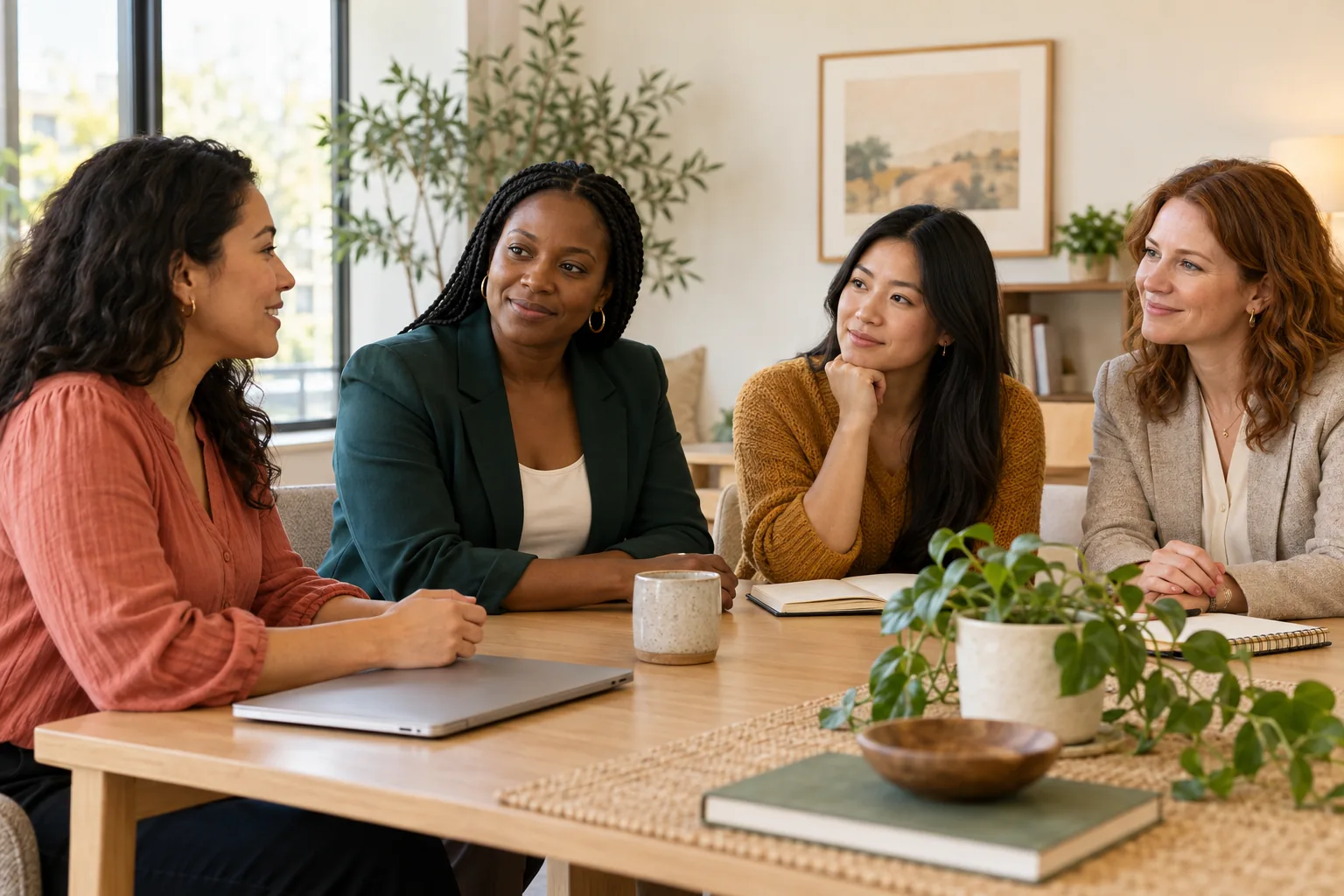A member meeting a small group of approachable women professionals in a relaxed workspace.